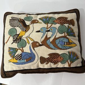 Vtg finished Columbia Minerva Crewel Pillow Egyptian Water Fowl Ducks Fish 7839